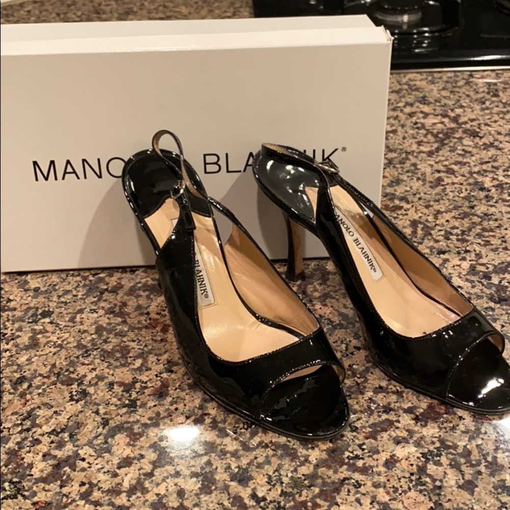 Manolo Blahnik Black Patent Leather Sling backs